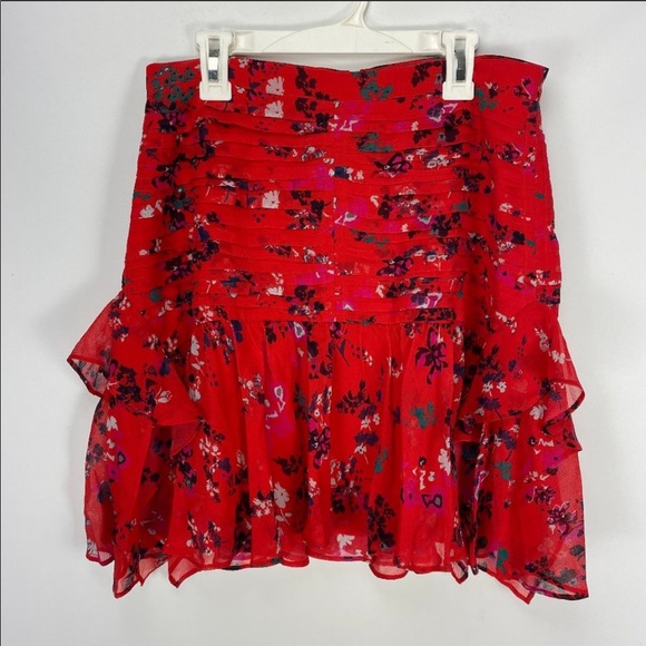 Tanya Taylor Red Floral Chiffon Abby Ruffle Skirt - Picture 2 of 6